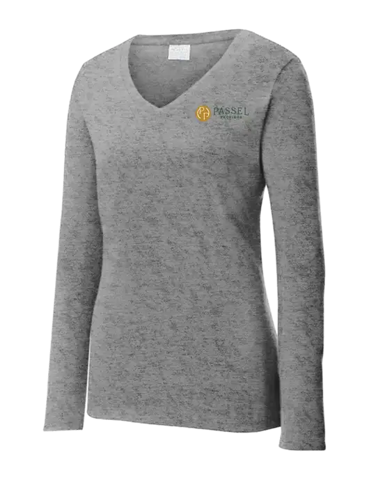 Womens  V-Neck Ring Spun Grey Heather 4.5 oz Long Sleeve T-Shirt w/Passel Provides Logo