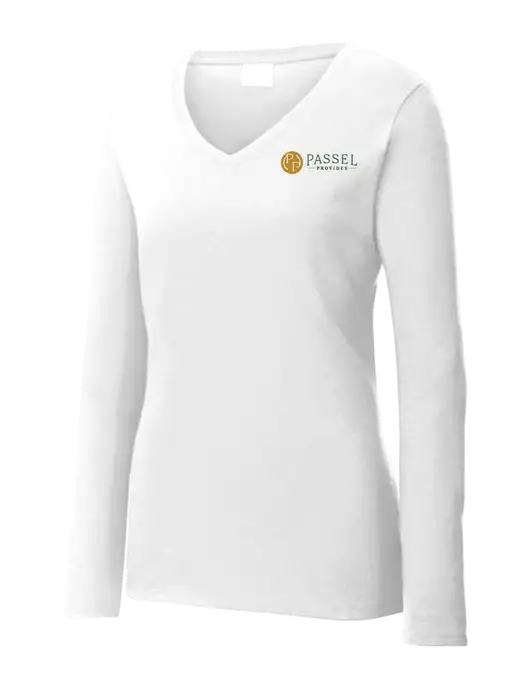 Womens  V-Neck Ring Spun White 4.5 oz Long Sleeve T-Shirt w/Passel Provides Logo