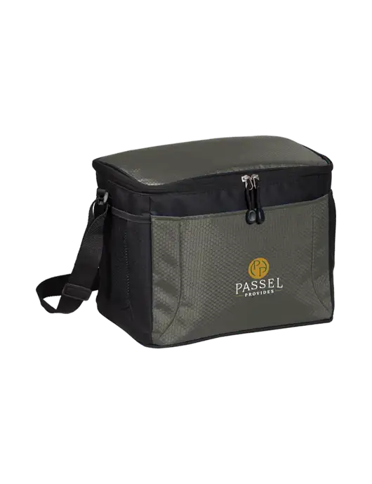 12 Can Grey/Black Cube Cooler w/Passel Provides Logo