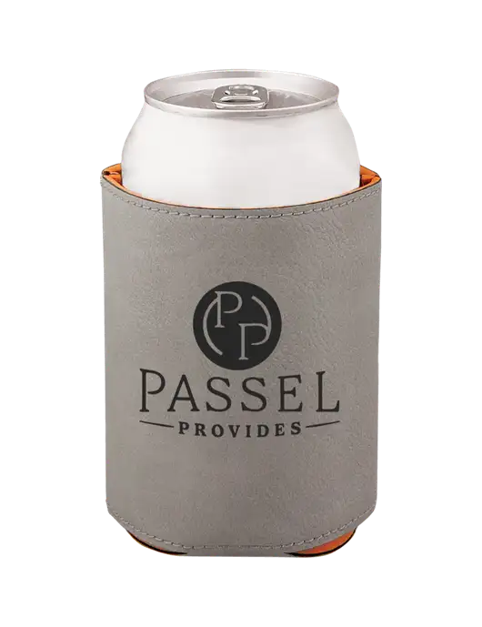 Grey Leatherette Beverage Holder w/Passel Provides Logo