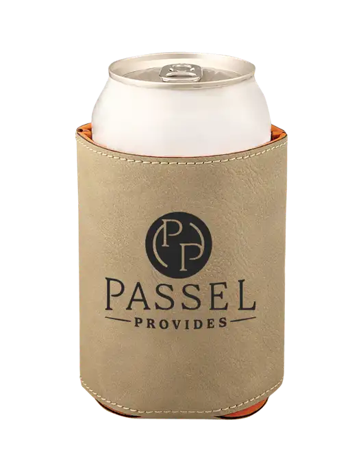Tan Leatherette Beverage Holder w/Passel Provides Logo