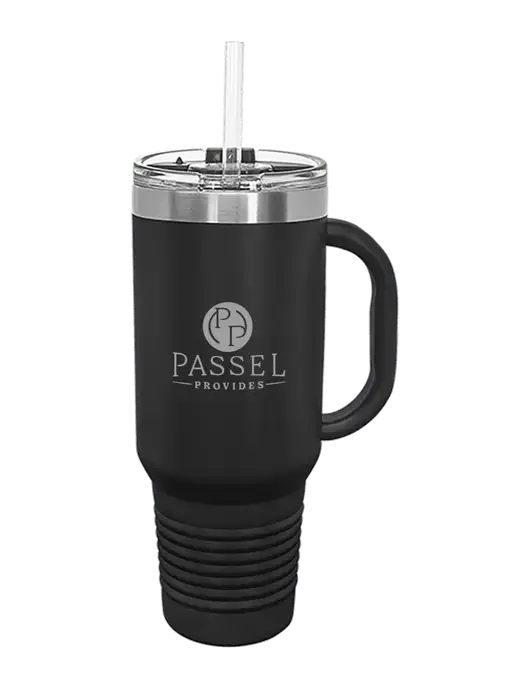 Polar Camel 40 oz. Powder Coated Vacuum Insulated Black Travel Mug with Straw w/Passel Provides Logo