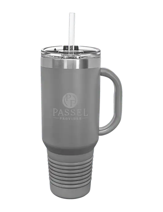 Polar Camel 40 oz. Powder Coated Vacuum Insulated Grey Travel Mug with Straw w/Passel Provides Logo