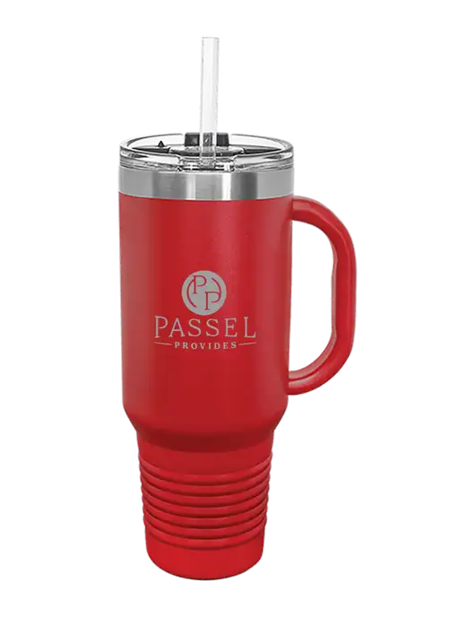 Polar Camel 40 oz. Powder Coated Vacuum Insulated Red Travel Mug with Straw w/Passel Provides Logo
