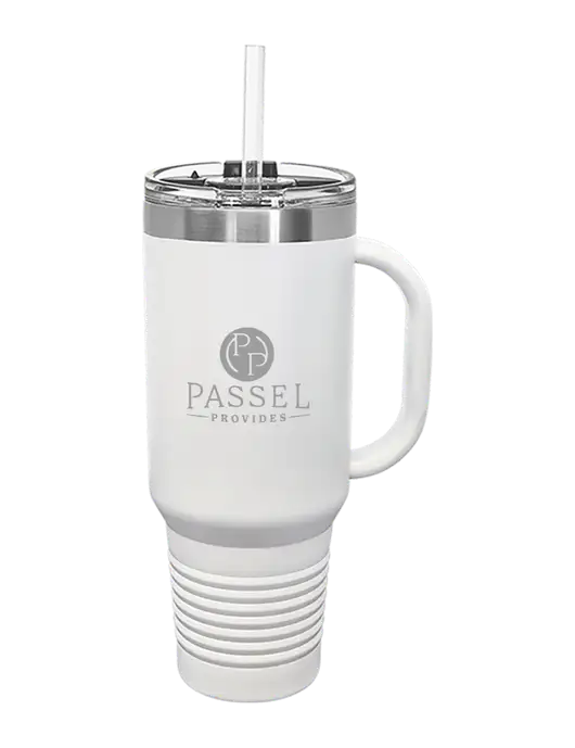 Polar Camel 40 oz. Powder Coated Vacuum Insulated White Travel Mug with Straw w/Passel Provides Logo
