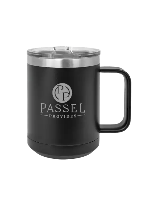 Polar Camel 15 oz Powder Coated Black Vacuum Insulated Mug with Slider Lid w/Passel Provides Logo