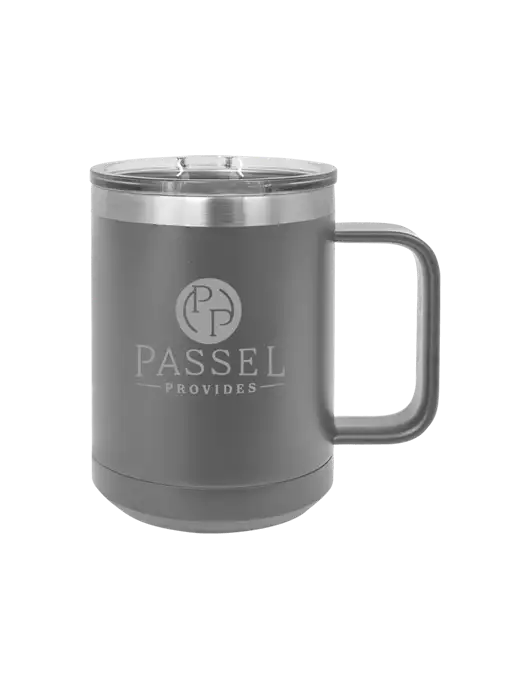 Polar Camel 15 oz Powder Coated Grey Vacuum Insulated Mug with Slider Lid w/Passel Provides Logo