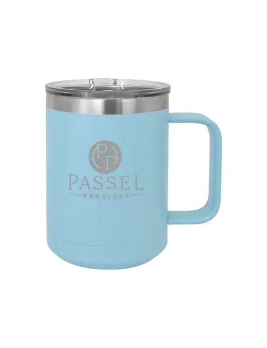 Polar Camel 15 oz Powder Coated Light Blue Vacuum Insulated Mug with Slider Lid w/Passel Provides Logo