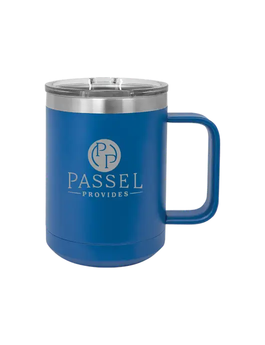Polar Camel 15 oz Powder Coated Royal Vacuum Insulated Mug with Slider Lid w/Passel Provides Logo