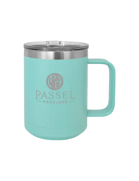 Polar Camel 15 oz Powder Coated Seafoam Vacuum Insulated Mug with Slider Lid w/Passel Provides Logo