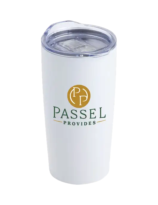 Society White 20 oz Insulated Tumbler w/Passel Provides Logo