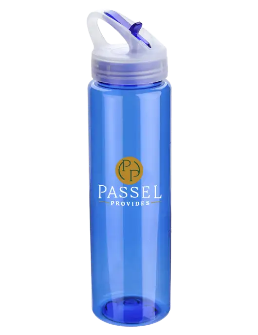 Buddy Blue 32 oz PET Bottle with Flip Lid w/Passel Provides Logo