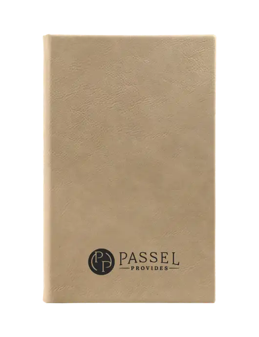 Tan Leatherette 5.25 x 8.25 Journal w/Passel Provides Logo